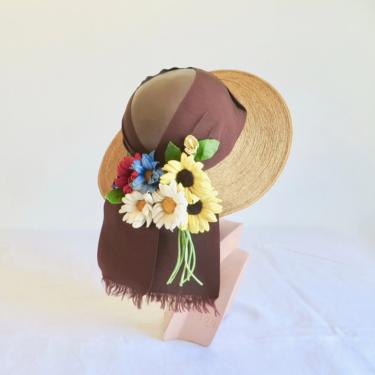 Vintage 1930's Caramel Straw Sun Hat with Brown Fabric Open Crown Flowers and Bow Trim Spring Summer 30's Millinery Janet Models Size 22 1/2 