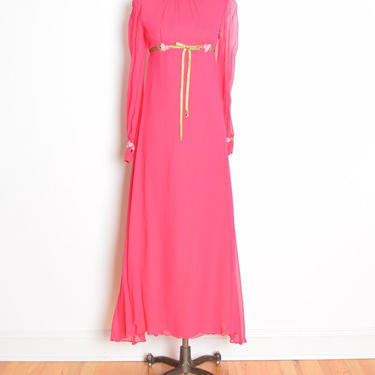 vintage 60s dress pink chiffon empire waist cut out maxi long hostess gown XS S clothing 