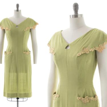 Vintage 1950s Dress | 50s Linen Lace Light Green Beaded Rhinestones Wiggle Sheath Day Dress with Pockets (small/medium) 