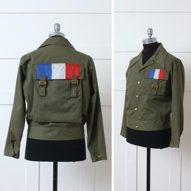 vintage mens 1970s French flag jacket • Sir Jac army green whipstitch backpack jacket • oversized pockets 