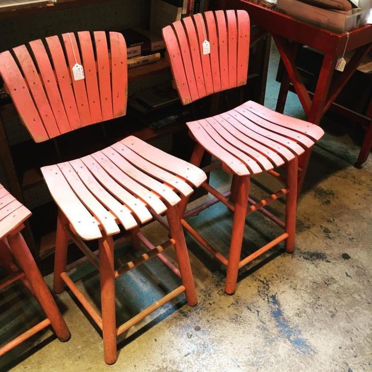 Pink painted stools. Seat is 22 inches high, back is 35 inches high. $55 each.
