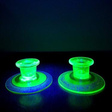 Vintage Gold Trimmed Uranium Glass Pair of Candlestick Holders 