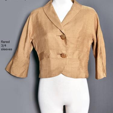 1950's Beige Tan PURE SILK Jacket, Vintage Fitted Suit, Big Lucite Buttons Mid century, Flared 3/4 Half Sleeves, Blouse, Top Shirt 50's 