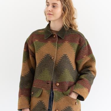 Vintage Green Brown Wool Chevron Sweater Coat | 80s Coatigan Blanket Jacket | S | 