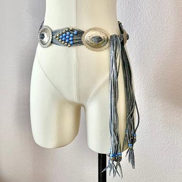 Blue Suede Leather Fringe Belt, Metal Conchos, Beads, Hippie Boho, Vintage 70s 80s 