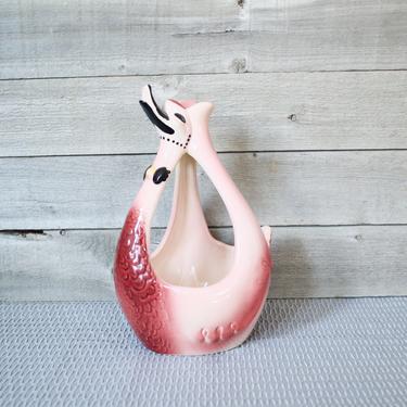 HULL Swan Pink Planter 413 Basket Vase, Bird, Duck, Goose, Vintage, Mid Century, 50s, Kitsch, Pot, Dark Pink, Rose, Black Accents, Bow Tie 