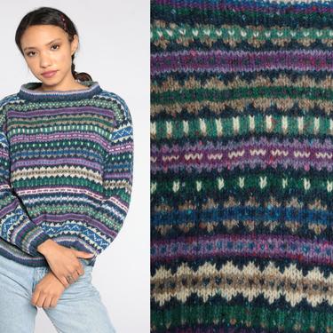 Wool Fair Isle Sweater 80s WOOL Sweater Purple Blue Nordic Sweater Knit Striped Print Slouch 1980s Jumper Vintage Pullover Small Medium 