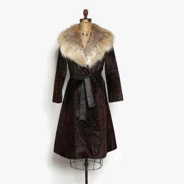 Vintage 60s Belted Fur Coat / 1960s Soft Sheared Brown Fur Fox Collar Mod Jacket 
