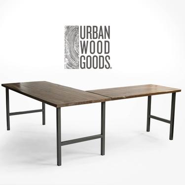 Urban Wood L Desk available as Standing Desk or Sitting Desk made of reclaimed wood and steel.  Custom designs and sizes available. 