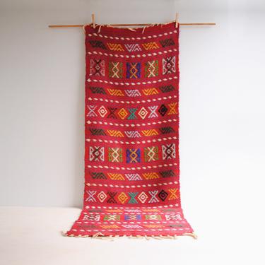 Vintage Handwoven Wool Textile from South America, Red Geometric Table Runner or Floor Throw Rug 