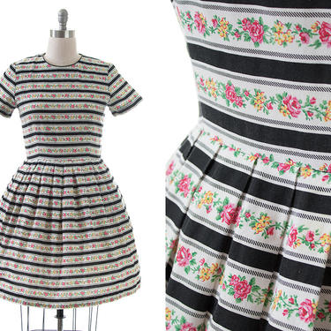 Vintage 1980s Dress | 80s does 50s Striped Rose Floral Cotton Black White Full Skirt Shirtwaist Day Dress (large) 