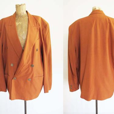 90s Oversized Silk Blazer Jacket Small - Copper Orange Baggy Long Peacoat Blazer Jacket - Solid Color Business Jacket - 90s Minimalist 