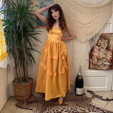 40's GOLDEN GOWN - tiered skirt - bodice -satin - x-small 
