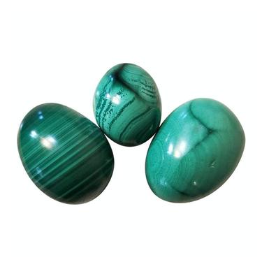 Set of 3 of Carved &amp; Polished Malachite Natural Specimen Solid Decorative Oval/Egg Shaped Stones - Modernist Decor Brutalist 