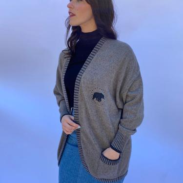 Vintage 80s Poi by Krizia Wool Angora Knit Oversize Bear print Designer Sweater Cardigan XS S M 