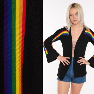 70s Rainbow Sweater Bell Sleeve Cardigan Wrap Sweater Black Striped Boho Vintage WIDE SLEEVE Festival Bohemian 1970s Small Medium 