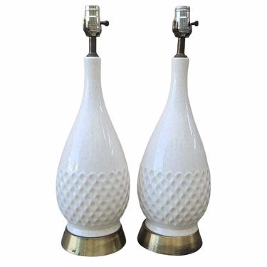 READY Vintage Mid-Century Modern Neutral Cream Ceramic Table Lamps - a Pair