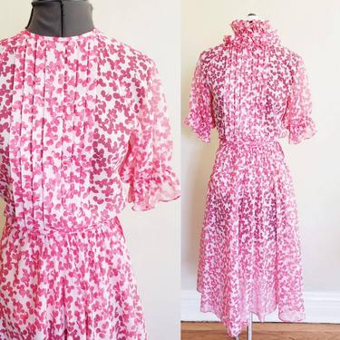 1970s Pink Floral Print Skirt Set / 70s White &amp; Raspberry Flower Patterned Blouse + A Line Skirt Detachable Ruffled Collar / XS / Mirabelle 