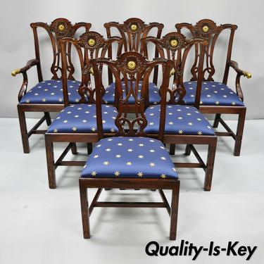 Set of 6 Maitland Smith Mahogany Chippendale Style Dining Chairs w/ Brass Ormolu