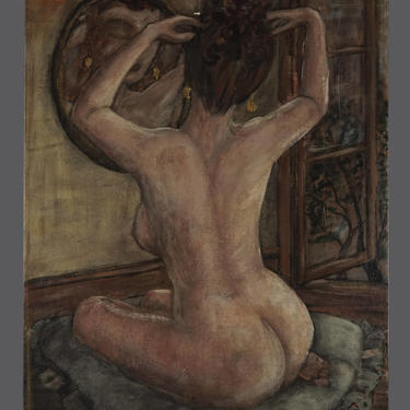 1955 Oil Nude Painting Signed Dated Vintage Art Woman In Mirror 