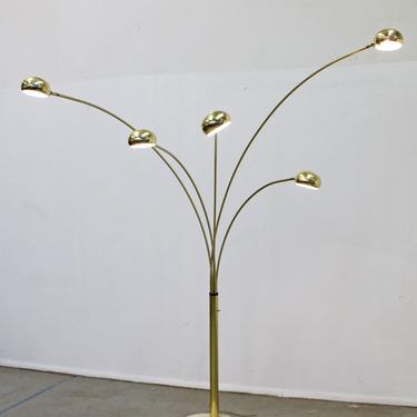 Mid-Century Modern Italian Brass &amp; Marble Guzzini Style 3-Way Arc Floor Lamp 