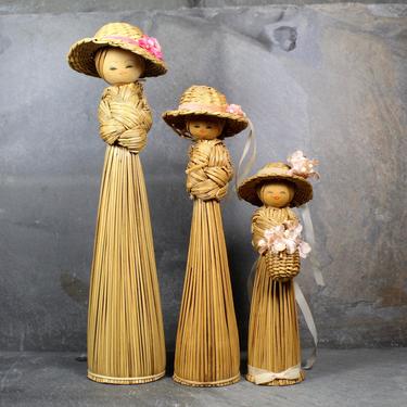 Vintage Straw Dolls - Set of 3 Meticulously Crafted Straw Figurines - Straw Figures - Kokeshi-Style Dolls - Made in Korea 