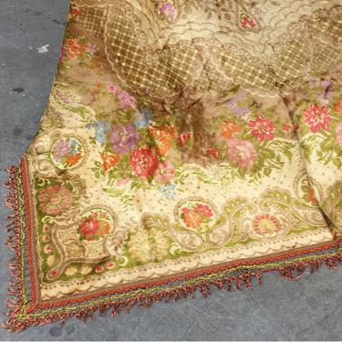 Vintage Blanket 1960s Retro Size 86x71 Hollywood Regency + Faux Fur + Flower Print with Border + Fringed Bedspread + Home Decor and Bedding 