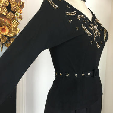 Odette Mallorca blouse, 1940s wool top, black beaded top, size medium, vintage 40s shirt, wool jersey top, pearl blouse, cocktail sweater 