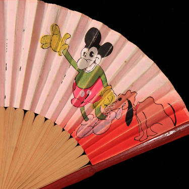 1930s Hand Fan / Hand Painted Japanese Bootleg Mickey Mouse and Pluto Folding Fan 