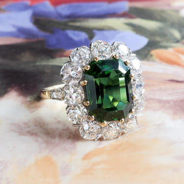 Emerald Cut Green Tourmaline &amp; Old European Cut Diamond Halo Ring 18k Platinum 