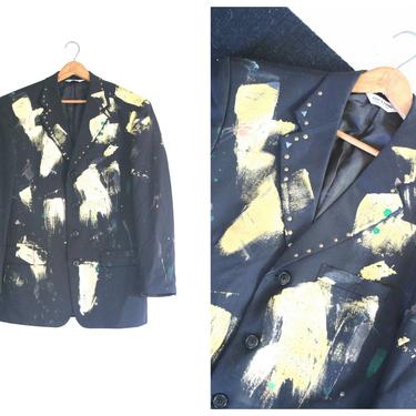 vintage 80s mens jacket - 1980s glam rock blazer / New Wave - gold paint & grommets / 38R 