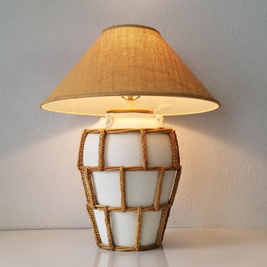 Vintage Coastal Art Handmade Pottery and Rattan Table Lamp . by MIAMIVINTAGEDECOR
