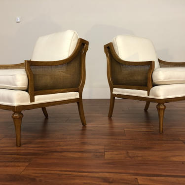 Vintage 1970s Walnut and Cane Armchairs - a Pair 