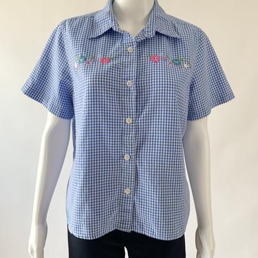 Blue Gingham Button-Up w/ Floral Embroidery