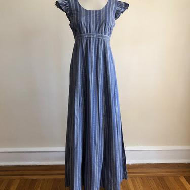 Blue and White Striped Cotton Maxi Dress with Flounce Sleeve - 1970s 