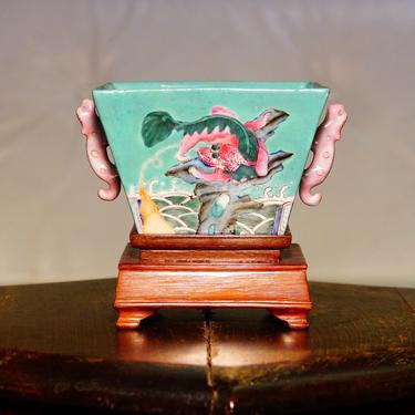 Antique Jiajing Chinese Decorative Porcelain Bowl With Wood Pedestal, Chinese Dragon & Floral Designs, Light Blue Enamel, 4 3/8” 