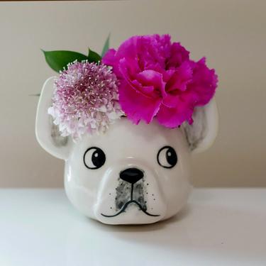 French Bulldog Puppy Succulent Planter with Drainage, Handmade Porcelain Pinch Pot 