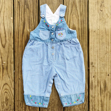 Vintage Blue White Denim Cotton Gingham Embroidered Rosebud Pearl Snap Buttons Onesie Playsuit Overalls 18 Mos 18M 