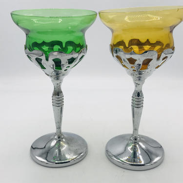 Vintage Pair 2 Art Deco Faber Bros Chrome Wine Cordial Cocktail - Cambridge Glass Amber Green Glass 
