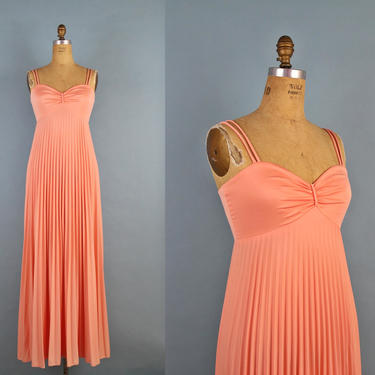 Vintage 70s Peach Pleated Maxi Dress/ Bridesmaids / Wedding Dress /Grecian Goddess / Accordion Spaghetti Straps / Size S/M 