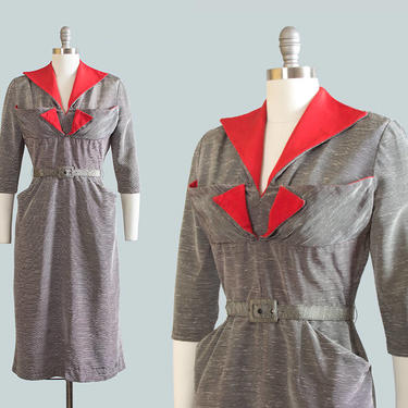 Vintage 1950s Dress | 50s Rayon Pinstripe Grey Red Wiggle Cocktail Tailored Dress w/ Matching Belt + Pockets (medium) 
