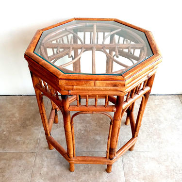Vintage Scorched Bamboo Chippendale Octagonal Side Table 