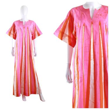 1970s Pink & Orange Tie Dye Caftan - 1970s Pink Kaftan - 1970s Orange Kaftan - 1970s Tie Dye Kaftan - Vintage Cotton Caftan | Size Medium 