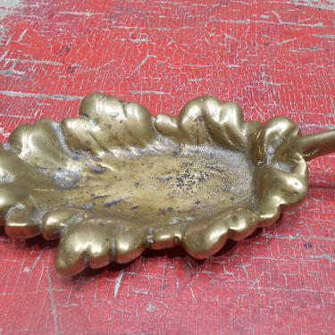 Antique Very Old Heavy Solid Brass Small Tiny Tray Makers Mark on Bottom Leaf Dish Trinket Ring Holder Ashtray Change Holder 