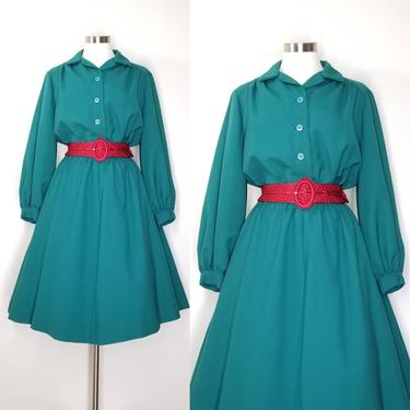 Vintage Party Dress, Extra Large / 1960s Shirt Dress / Green Fit and Flare Holiday Dress / Mid Century Day Dress / Long Sleeve Hostess Dress 