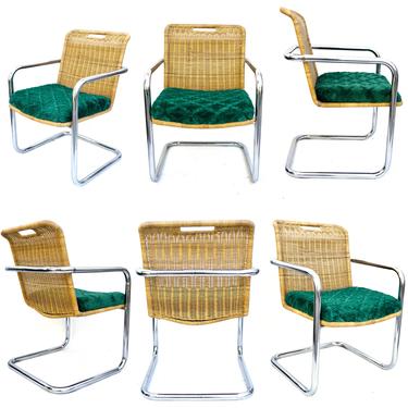 Set of 6 Cantilever Steel &amp; Wicker Chairs | Vintage Chromcraft Dining Chairs | Emerald Green Quatrefoil Upholstery or Custom Available! 