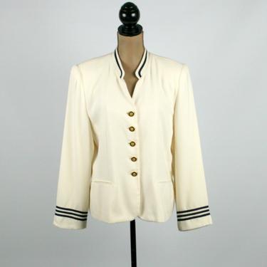Plus Size White Blazer with Black Trim, Mandarin Collar Shoulder Pad Jacket Women XL, Nautical Style Clothes, 90s Y2K Vintage Kasper Size 16 