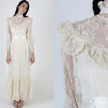 Vintage 70s Ivory Embroidered Dress / Off White Sheer Wedding Dress / High Neck Floral Bridesmaids Dress / Lace Bridal Victorian Maxi Dress 