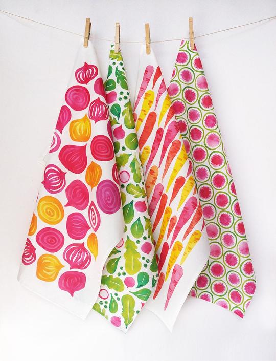 Set of 4 eco-friendly tea towels • watercolor veggie designs 