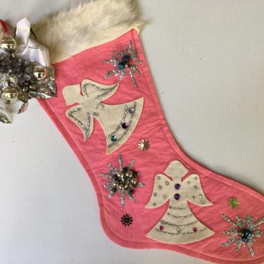 Vintage Felt Pink Christmas Stocking With Faux White Fur Cuff, Angels With Sequins, Silver White Sink, Christmas Deocr, Shabby Chic 